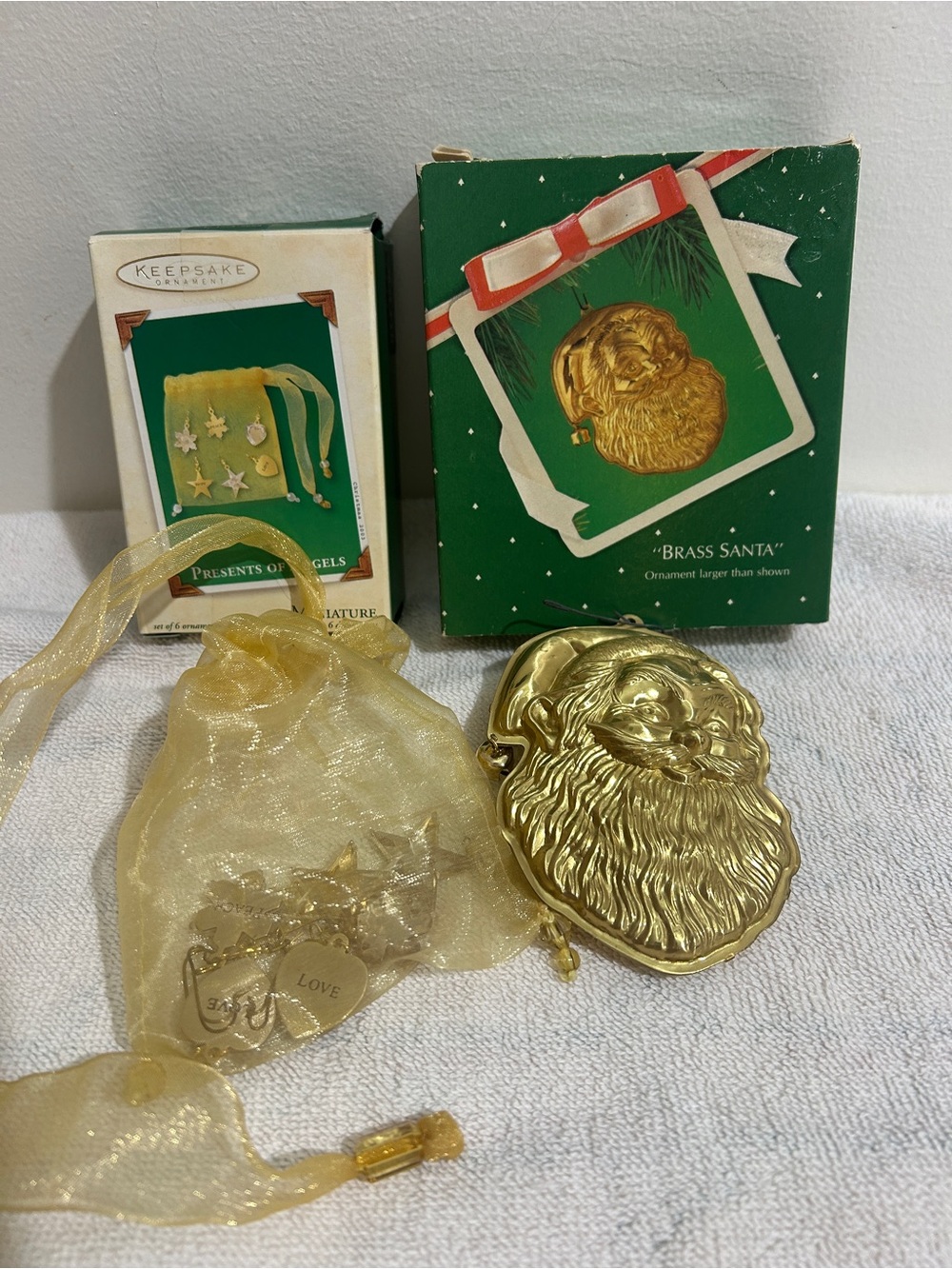 Vintage Hallmark 1983 Brass Santa Ornament & 2003 Presents of Angels Mini Set